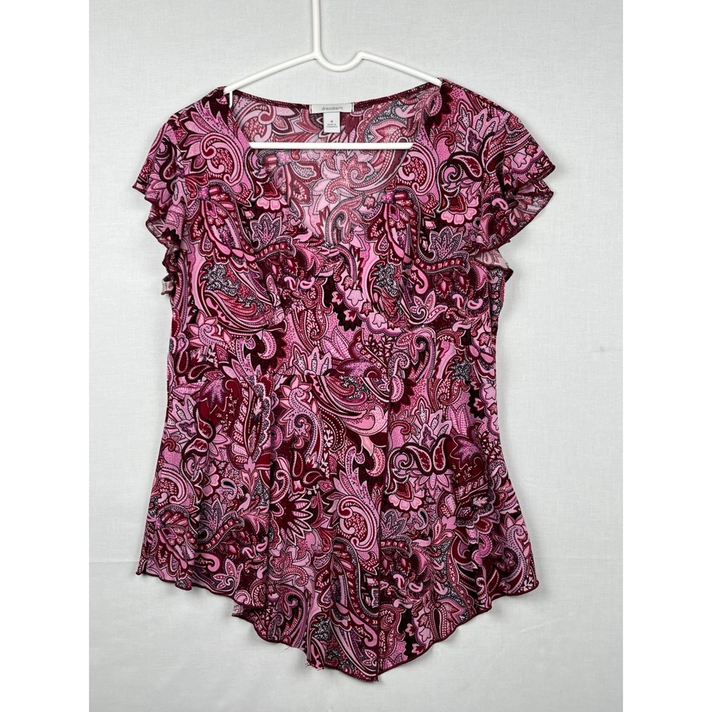 Dressbarn Womens Pink Paisley Flutter Sleeve V-Neck Sharkbite Hem Top Size M